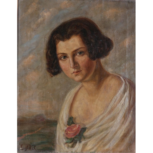 285 - E JANCK (c.1930/40s), Portrait of a young woman, head and shoulders, brunette, wearing a white gown ... 