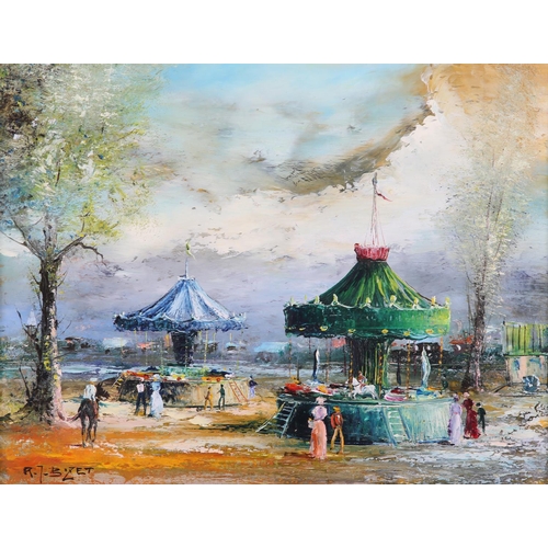 288 - ARR RAYMOND JEAN BIZET (FRENCH 1922-2015), Fairground with figures, oil on canvas, signed to lower l... 