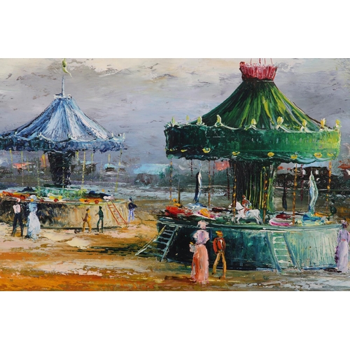 288 - ARR RAYMOND JEAN BIZET (FRENCH 1922-2015), Fairground with figures, oil on canvas, signed to lower l... 