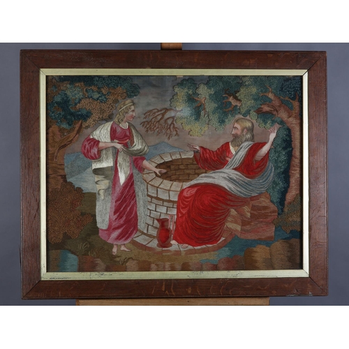 73 - A LATE REGENCY NEEDLEWORK AND PAINTED SILK PANEL worked in red, ivory, shades of green and brown dep... 