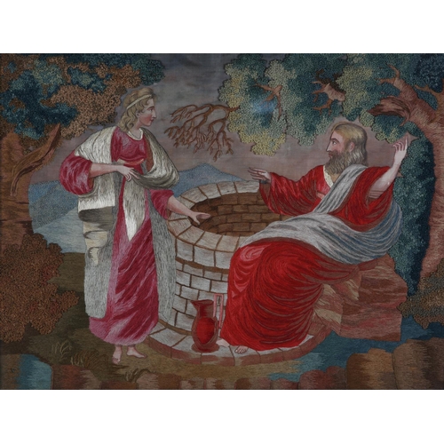 73 - A LATE REGENCY NEEDLEWORK AND PAINTED SILK PANEL worked in red, ivory, shades of green and brown dep... 