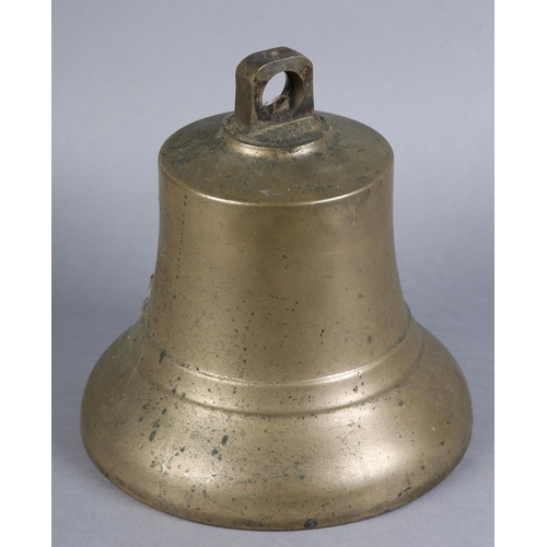 93 - A LATE 19TH/EARLY 20TH BELL, 24cm high x 25cm diameter (lacking clanger)