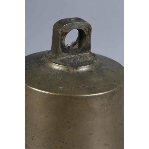 93 - A LATE 19TH/EARLY 20TH BELL, 24cm high x 25cm diameter (lacking clanger)