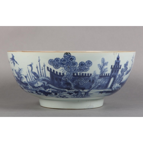 175 - AN 18TH CENTURY CHINESE BLUE AND WHITE BOWL, painted to the exterior with a fort and landscape crane... 