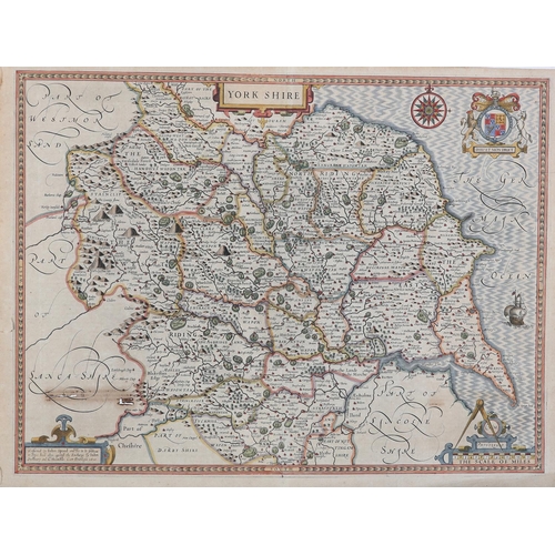 115 - JOHN SPEED (1551-1629), York Shire, c.1610, engraved map with colour, cartouche and scale, sold by J... 