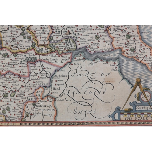 115 - JOHN SPEED (1551-1629), York Shire, c.1610, engraved map with colour, cartouche and scale, sold by J... 