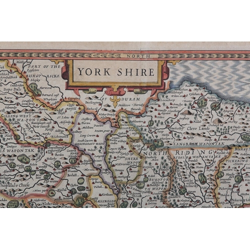 115 - JOHN SPEED (1551-1629), York Shire, c.1610, engraved map with colour, cartouche and scale, sold by J... 