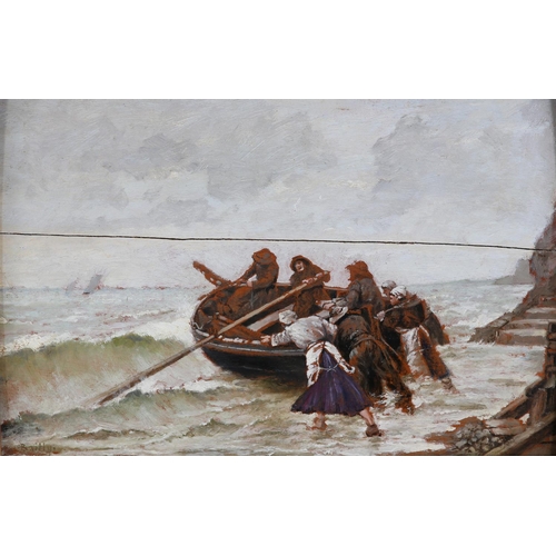 284 - YVES BAILLY (French, early 20th centuty), Launching a fishing boat against the tide, coastal scene, ... 