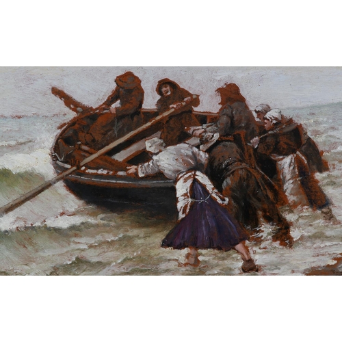 284 - YVES BAILLY (French, early 20th centuty), Launching a fishing boat against the tide, coastal scene, ... 