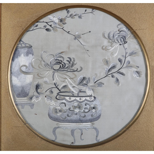 177 - A 19TH CENTURY CHINESE SILK EMBROIDERY in shades of grey and ivory worked with a vase of honeysuckle... 