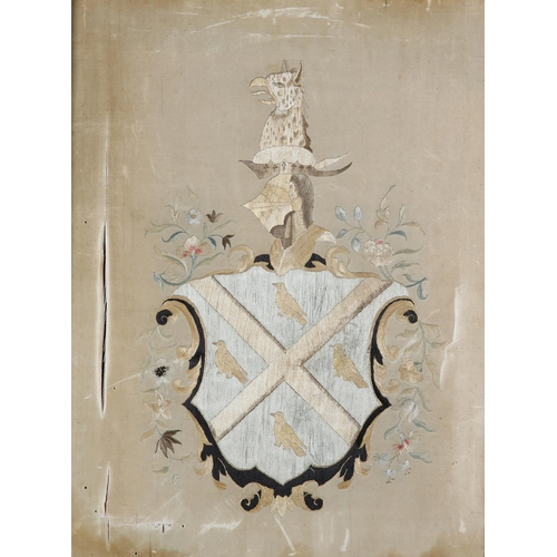 77 - AN EARLY 19TH CENTURY HERALDIC DESIGN in gros point on ivory silk, bearing arms of the Smyth family ... 