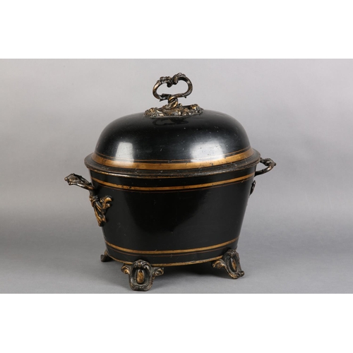 94 - A 19TH CENTURY BLACK AND GILT TOLEWARE COAL VASE AND DOMED COVER, with foliate scroll loop handle, c... 