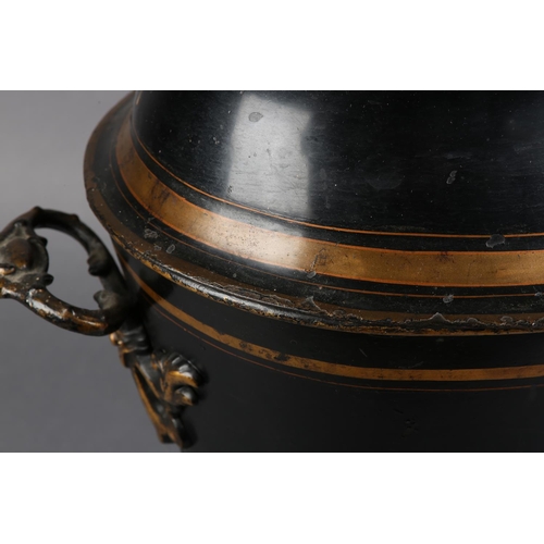 94 - A 19TH CENTURY BLACK AND GILT TOLEWARE COAL VASE AND DOMED COVER, with foliate scroll loop handle, c... 