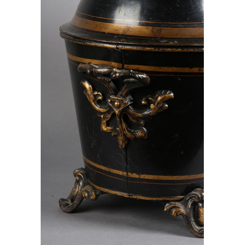 94 - A 19TH CENTURY BLACK AND GILT TOLEWARE COAL VASE AND DOMED COVER, with foliate scroll loop handle, c... 