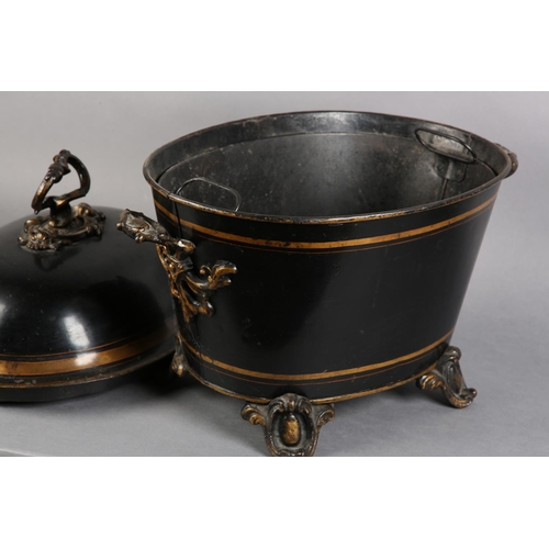 94 - A 19TH CENTURY BLACK AND GILT TOLEWARE COAL VASE AND DOMED COVER, with foliate scroll loop handle, c... 