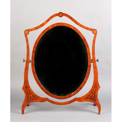 361 - AN EDWARD VII MAHOGANY AND SATINWOOD INLAID TOILET MIRROR, having an oval glass, within a shield sha... 