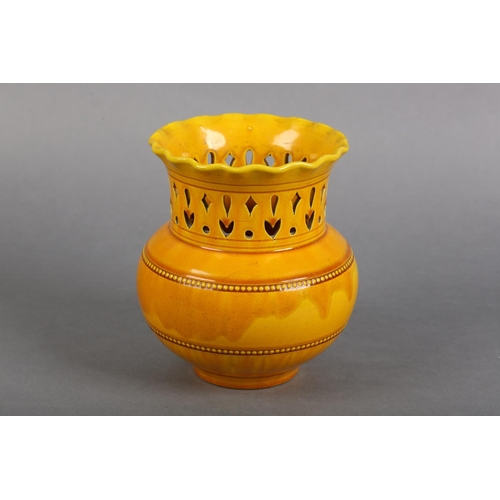 171 - A BURNMANTOFTS OCHRE GLAZE VASE, shape no. 692, the rounded body with beaded borders below a pierced... 