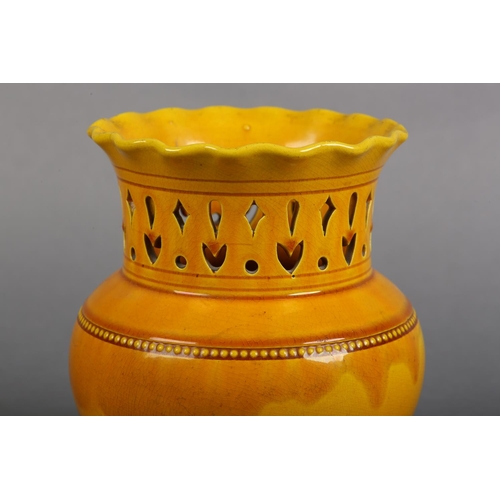 171 - A BURNMANTOFTS OCHRE GLAZE VASE, shape no. 692, the rounded body with beaded borders below a pierced... 