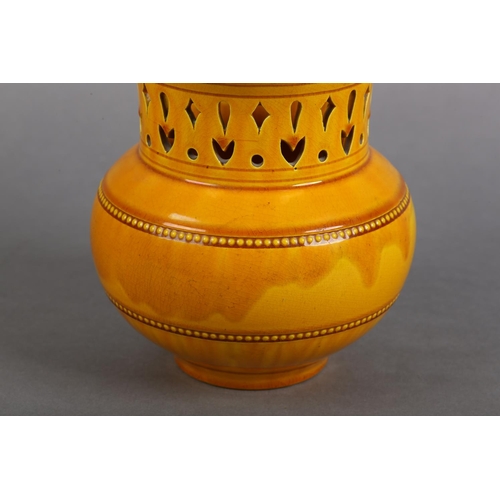 171 - A BURNMANTOFTS OCHRE GLAZE VASE, shape no. 692, the rounded body with beaded borders below a pierced... 