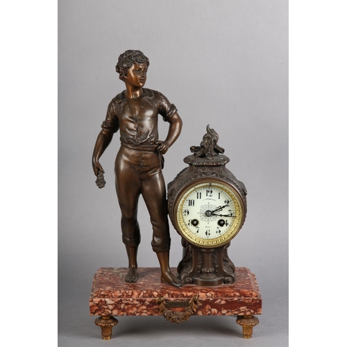 135 - A 19TH CENTURY FRENCH ROUGE MARBLE MANTEL CLOCK 'REPOS' BY J JACQUELINE, St Lo with bronze-effect me... 