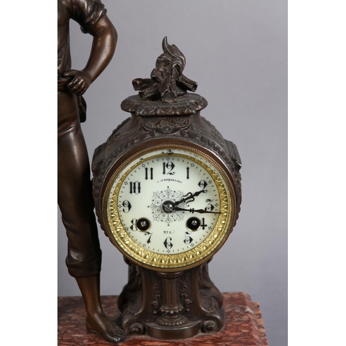 135 - A 19TH CENTURY FRENCH ROUGE MARBLE MANTEL CLOCK 'REPOS' BY J JACQUELINE, St Lo with bronze-effect me... 