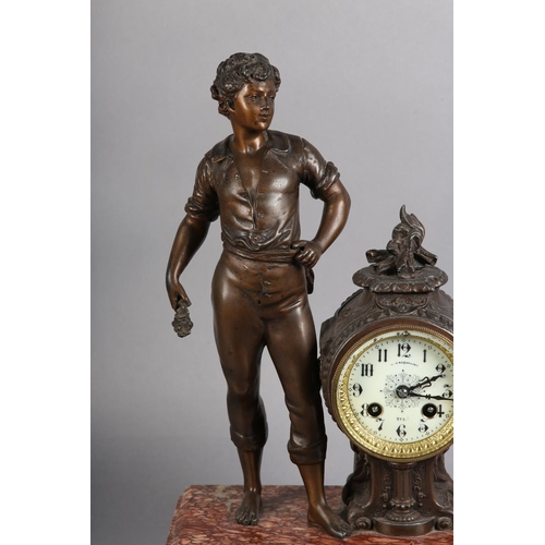 135 - A 19TH CENTURY FRENCH ROUGE MARBLE MANTEL CLOCK 'REPOS' BY J JACQUELINE, St Lo with bronze-effect me... 