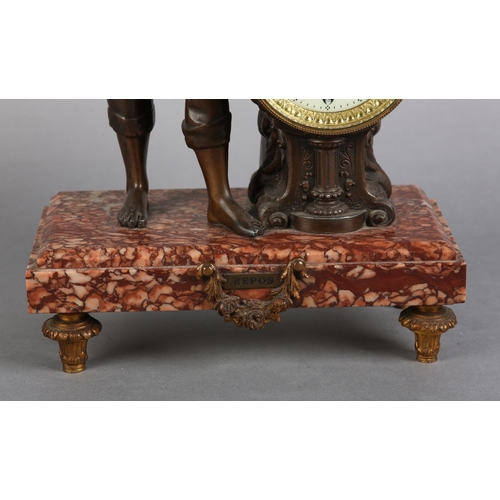 135 - A 19TH CENTURY FRENCH ROUGE MARBLE MANTEL CLOCK 'REPOS' BY J JACQUELINE, St Lo with bronze-effect me... 