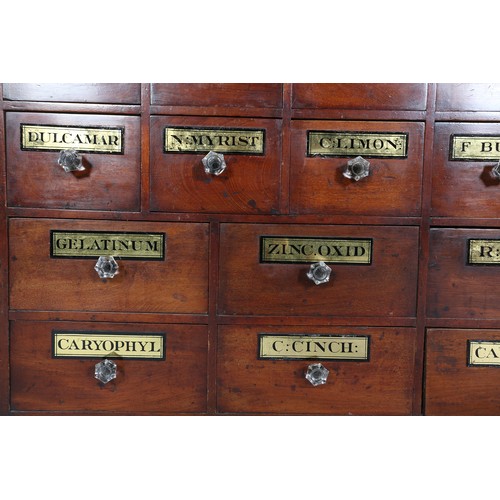 372 - A 19TH CENTURY BANK OF MAHOGANY APOTHECARY DRAWERS, each having a gilt and black label lettered with... 