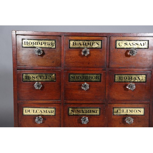 372 - A 19TH CENTURY BANK OF MAHOGANY APOTHECARY DRAWERS, each having a gilt and black label lettered with... 