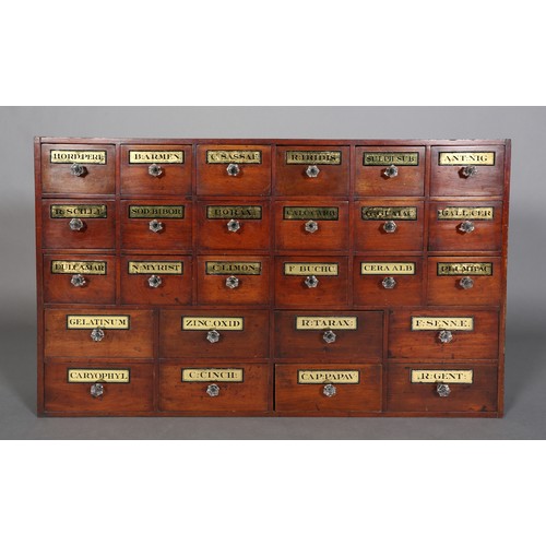 372 - A 19TH CENTURY BANK OF MAHOGANY APOTHECARY DRAWERS, each having a gilt and black label lettered with...