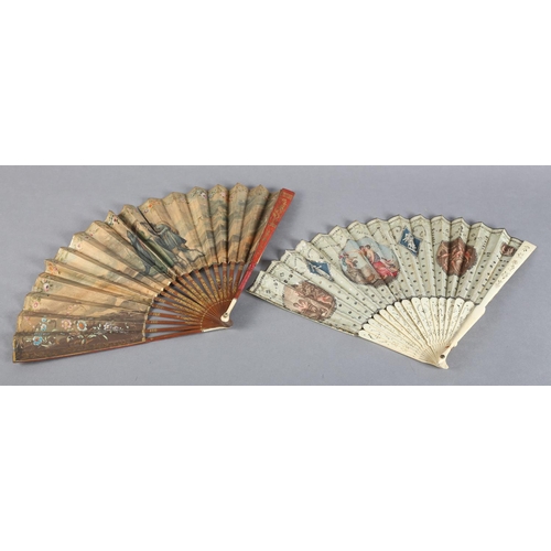 1 - Two late 18th century fans, the first with slender wood monture, the guards painted red and gilded, ... 