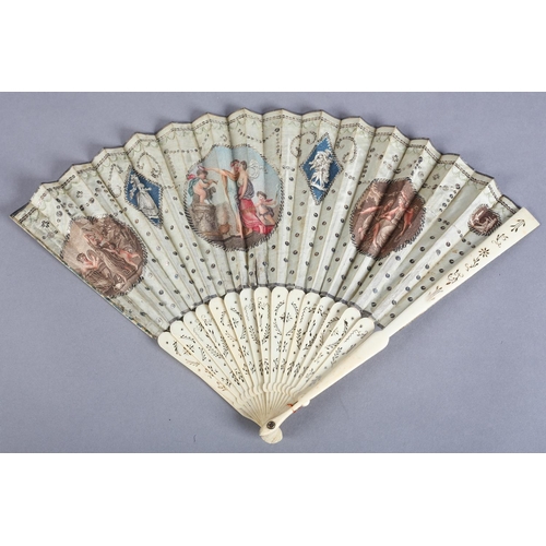 1 - Two late 18th century fans, the first with slender wood monture, the guards painted red and gilded, ... 