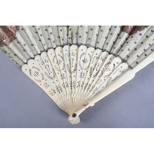 1 - Two late 18th century fans, the first with slender wood monture, the guards painted red and gilded, ... 