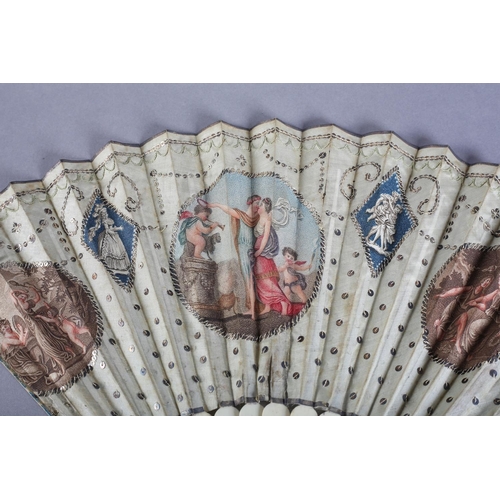 1 - Two late 18th century fans, the first with slender wood monture, the guards painted red and gilded, ... 