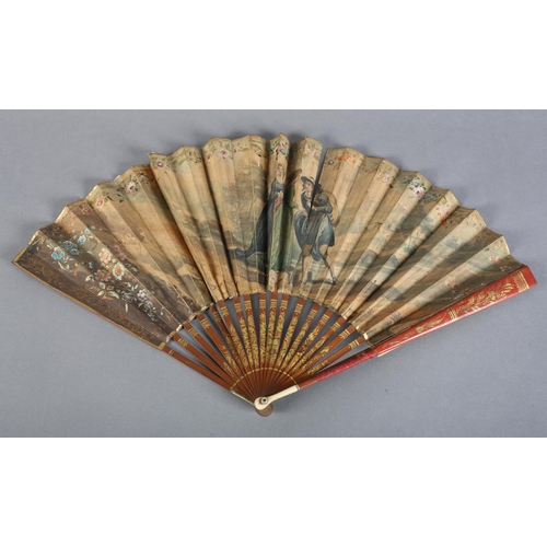 1 - Two late 18th century fans, the first with slender wood monture, the guards painted red and gilded, ... 