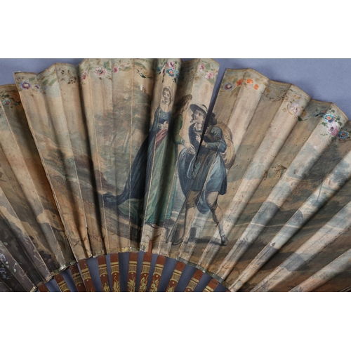 1 - Two late 18th century fans, the first with slender wood monture, the guards painted red and gilded, ... 