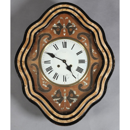 137 - A 19TH CENTURY FRENCH NAPOLEON III WALL CLOCK, inlaid in mother-of-pearl, having a white painted dia... 