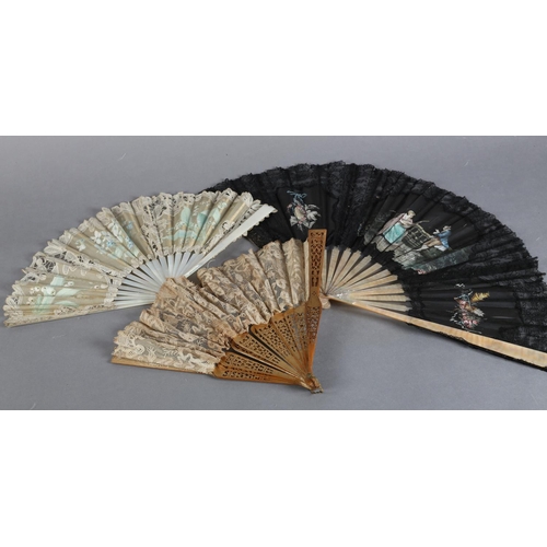 14 - Three 19th century lace fan: A large 1890’s black hand-made lace fan with three painted gauze insert... 