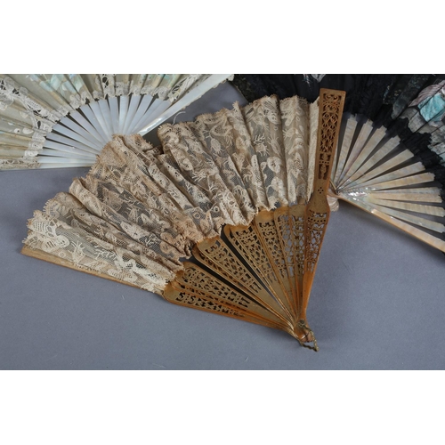 14 - Three 19th century lace fan: A large 1890’s black hand-made lace fan with three painted gauze insert... 