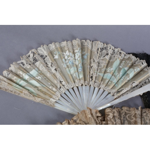 14 - Three 19th century lace fan: A large 1890’s black hand-made lace fan with three painted gauze insert... 