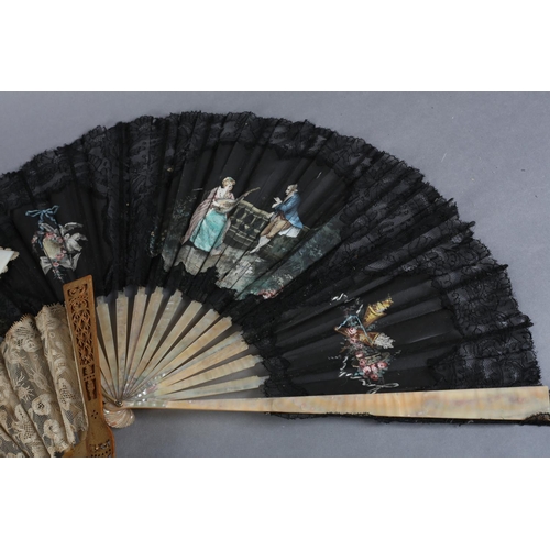 14 - Three 19th century lace fan: A large 1890’s black hand-made lace fan with three painted gauze insert... 