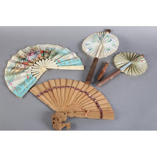 17 - Novelty fans: a mid-19th century bone telescopic fan, the double paper leaf lithographed in fresh co... 