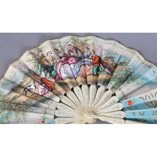 17 - Novelty fans: a mid-19th century bone telescopic fan, the double paper leaf lithographed in fresh co... 