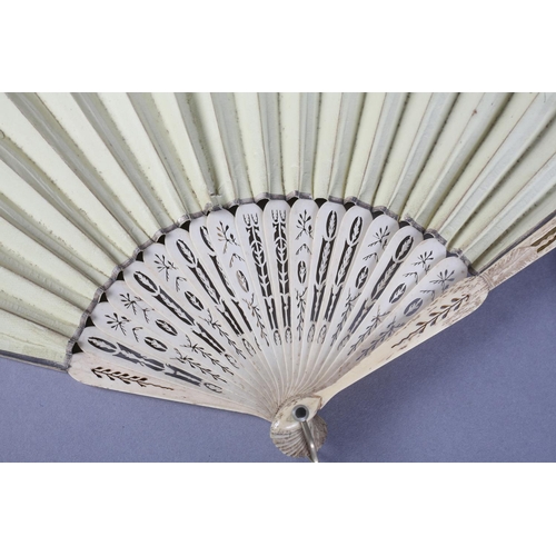 2 - The 18th century: a bone fan mounted with a coffee-coloured double paper leaf, the recto lightly gil... 