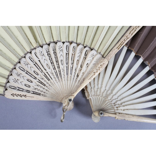 2 - The 18th century: a bone fan mounted with a coffee-coloured double paper leaf, the recto lightly gil... 