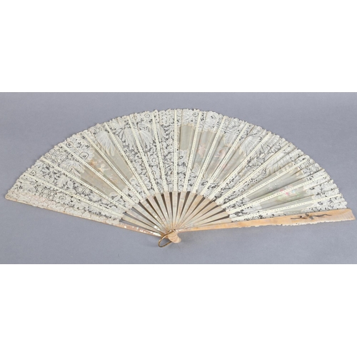 24 - Cherubs at Play: a large late 19th century Brussels bobbin lace fan, the leaf with a central gauze c... 