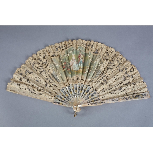 25 - A smaller lace fan, Brussels bobbin lace, with unusually with embroidery to the gauze leaf, a lady i... 