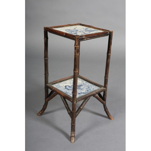 319 - AN AESTHETIC MOVEMENT BAMBOO PLANT STAND inset to the surface with a tile printed in blue on white w... 