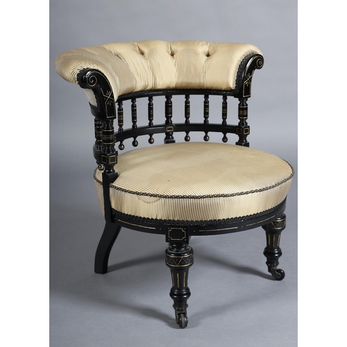 321 - A 19TH CENTURY AESTHETIC MOVEMENT EBONISED NURSING CHAIR with gilt detailing and button back silk up... 