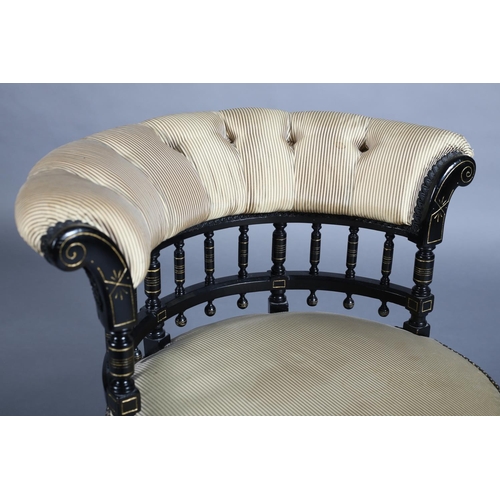 321 - A 19TH CENTURY AESTHETIC MOVEMENT EBONISED NURSING CHAIR with gilt detailing and button back silk up... 